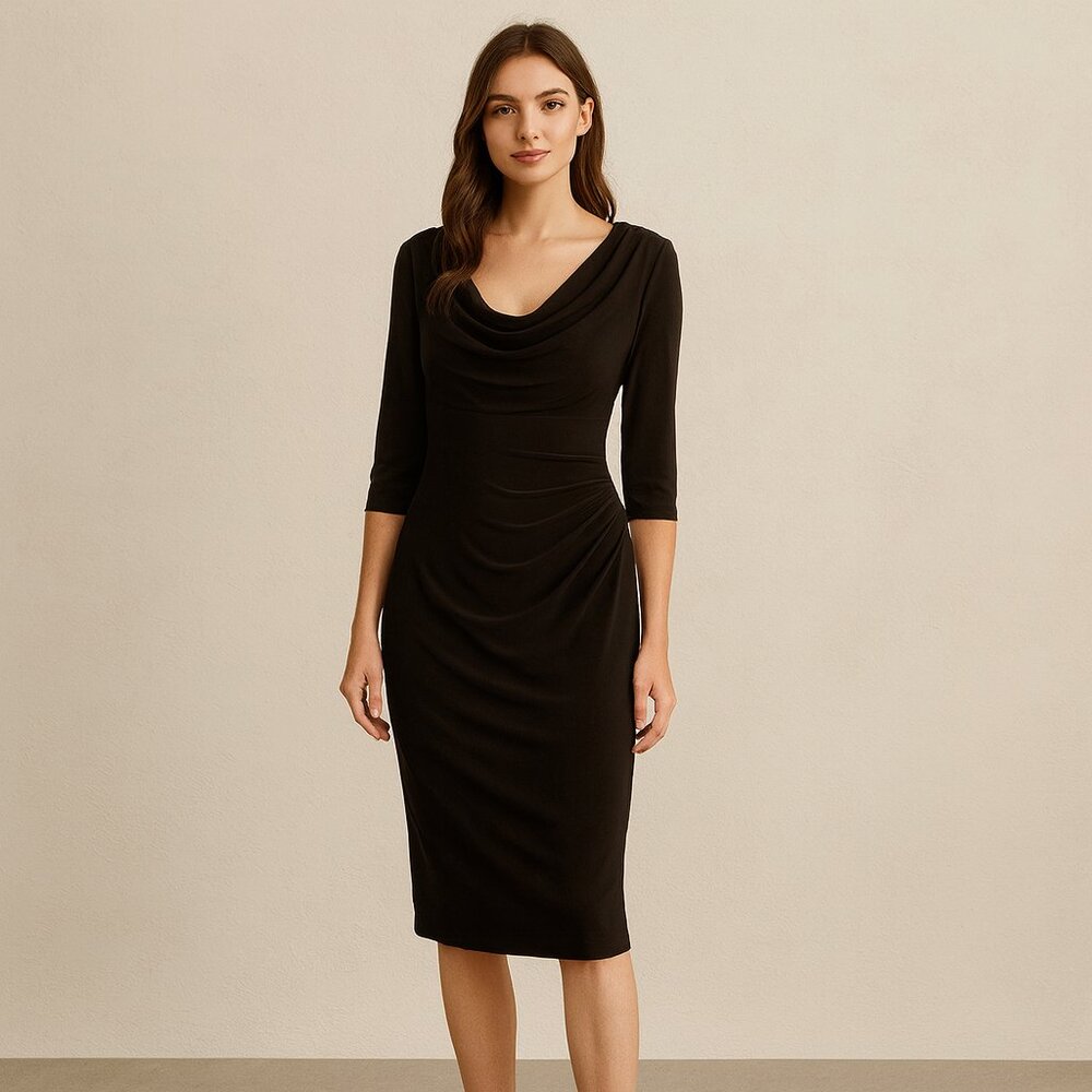 Lauren by Ralph Lauren Black Cowl Neck Ruched Midi Dress | Size 4
